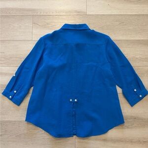 Fridaze Linen Button Top Shirt Blouse Women XL Bright Blue Hong Kong Split Hem